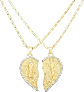 Couples' 2Pcs Te Amo Broken Heart Necklace Set, Gold-Plated Figaro Chain, Virgin Mary Cross Matching Pendants, Relationship Gift for Lovers