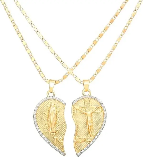 Couples' 2Pcs Te Amo Broken Heart Necklace Set, Gold-Plated Figaro Chain, Virgin Mary Cross Matching Pendants, Relationship Gift for Lovers