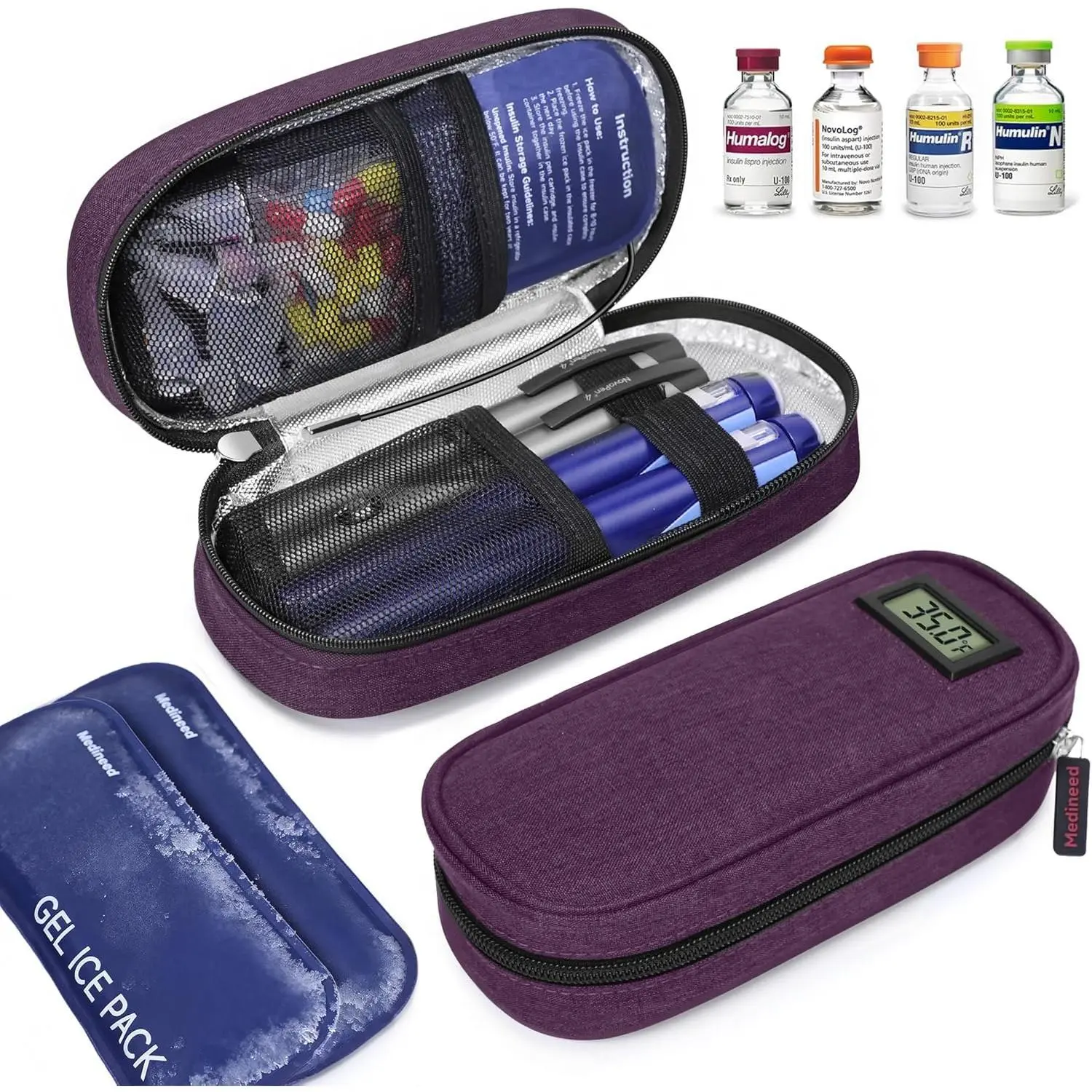 Insulin Cooler Travel Case TSA Approved with Temperature Display – Diabetic Medication Travel Case with 2 × 90g Ice Packs, Portable Medicine Organizer for 3–4 Insulin Pens(Burgundy)
