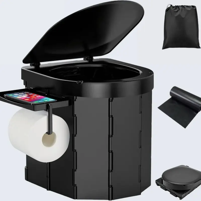 PAHTTO Upgrade Compact Portable Camping Toilet for Adults - ABS Portable Potty Solutions with Lid Closure, Waterproof Design, Retractable Toilet Paper Holder, Detachable Phone Shelf, Carry-Bag Ready for Hiking, Outdoor Travel