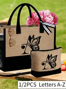 Women's Handbag Set with Shoulder Strap, Makeup Bag, Makeup Organizer Pouch, Handheld Cosmetic Pouch, Personalized A-Z Letter Gift Bag for Weddings, Birthdays, and Travel Essentials