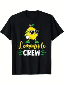 Lemonade Crew Graphic Plus Size T Shirt for Men' Black Casual Short Sleeve Tee with Fun Lemon Character Citrus Print Breathable Regular Fit Machine Washable Summer Casual Wear Lemonade Stand Apparel Playful PrinPlus Size T Shirt Medium Stretch Fabric