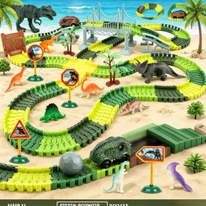 Jurassic Dinosaur Glow Race Track Train Playset 215PCS DIY STEM Building Toy Gift for Kids Glow-in-the-Dark Fun Interactive Play Safe Durable for Ages 3+ - Remote Control Truck