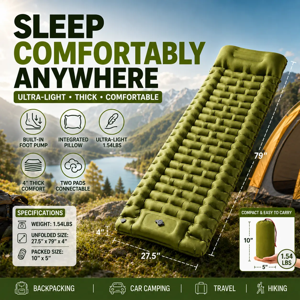 Ultralight Camping Sleeping Pad, 40D Nylon+TPU Waterproof Mat with Built-in Pump & Pillow, Compact Fold, Connectable for Single/Double, Backpacking Travel Accessories, Pumpless Inflate, Wave Shape, Unisex, Camping Accessories, One-Person Sleeping Mats