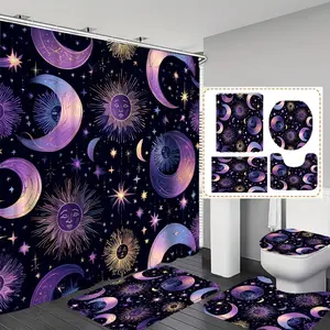 Sun Moon Star Print Shower Curtain Set, Includes 12 Hooks, Non-Slip Bath Mat, U-Shaped Pad, Toilet Seat Cover, Bathroom Decor