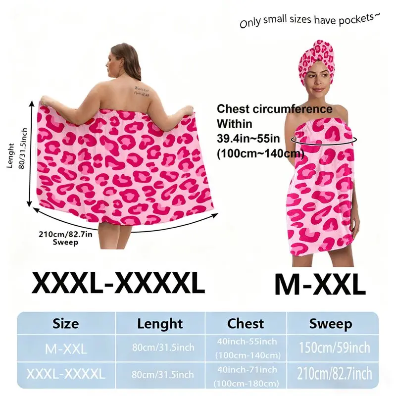 Pink Leopard Print Bath Towel Skirt Set with Hair Wrap, Plus Sign Diagram (Skirt + Triangle Cloth) - Perfect for Beach/Pool/Vacation/Party, One Size & Plus Size XXXXL, Festive Beach Holiday Essential, Hair Turban Towel, Shower Towels
