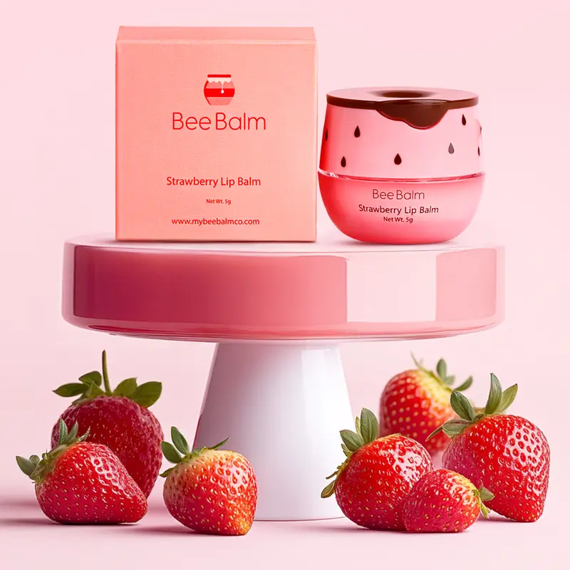 Strawberry Bee Balm Lip Mask - Sweet Hydrating Moisture-Locking Balm Lip Treatment with Beeswax, Strawberry Extract, Olive Oil Blend, Stearic Acid, Hazelnut Oil, Anti-Oxidants, Butylated Hydroxytoluene for Daily Care & Plumping