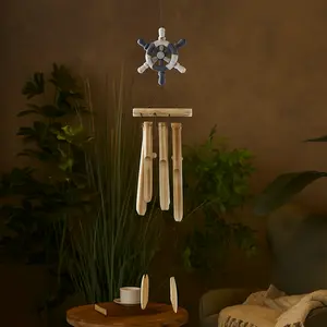 Ship Wheel Blue Bamboo Wood Handmade Indoor Outdoor Windchime with Log Chimes