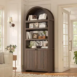 81" Tall Arched Bookshelf, Display Storage Cabinet with 2 Doors & Adjustable Shelves, 6-Tier Bookcase With 2 Book Risers for Living Room, Kitchen, Home Office, Walnut