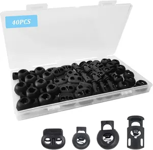 40 Pcs Cord Lock, Black Plastic Spring Toggle Stoppers for Drawstrings with 4 Sizes, Elastic Cord Adjuster Shoelace Fastener Lock for Drawstring, Paracord, Shoelaces, Clothing, and Bags