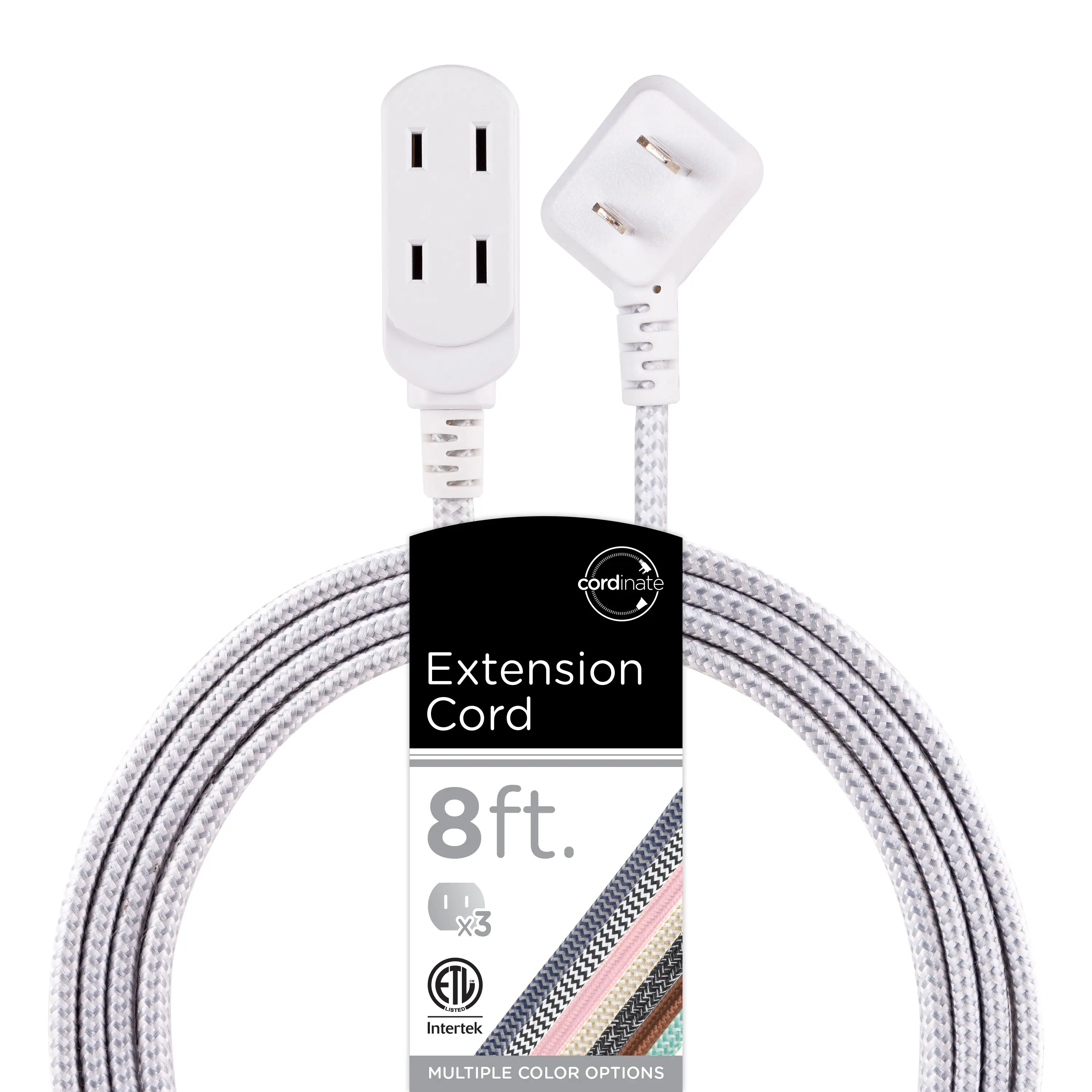 8ft Indoor 3-Outlet Extension Cord with Polarized Outlets, Low Profile Power Cable with Strip Cover, Prevents Bends & Tangles for Phones & Electronics Audio-Video Accessories, Ideal for Tight Spaces Behind Furniture