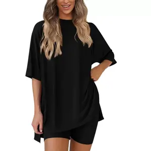 Crewneck Two-Piece Set For Women Summer Casual Oversized Split Hem Shirts & Side Pocket Biker Shorts Minimalist Loungewear Soft Viscose Fabric Comfy Homewear Cozy Pjs - Pajama tiktokshopspringglowup