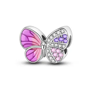 MULA 925 Silver-plated butterfly pendant | Pink purple zircon with enamel details | Nature style jewelry | Suitable for Pandora bracelets and necklaces | Elegant gift for women and girls