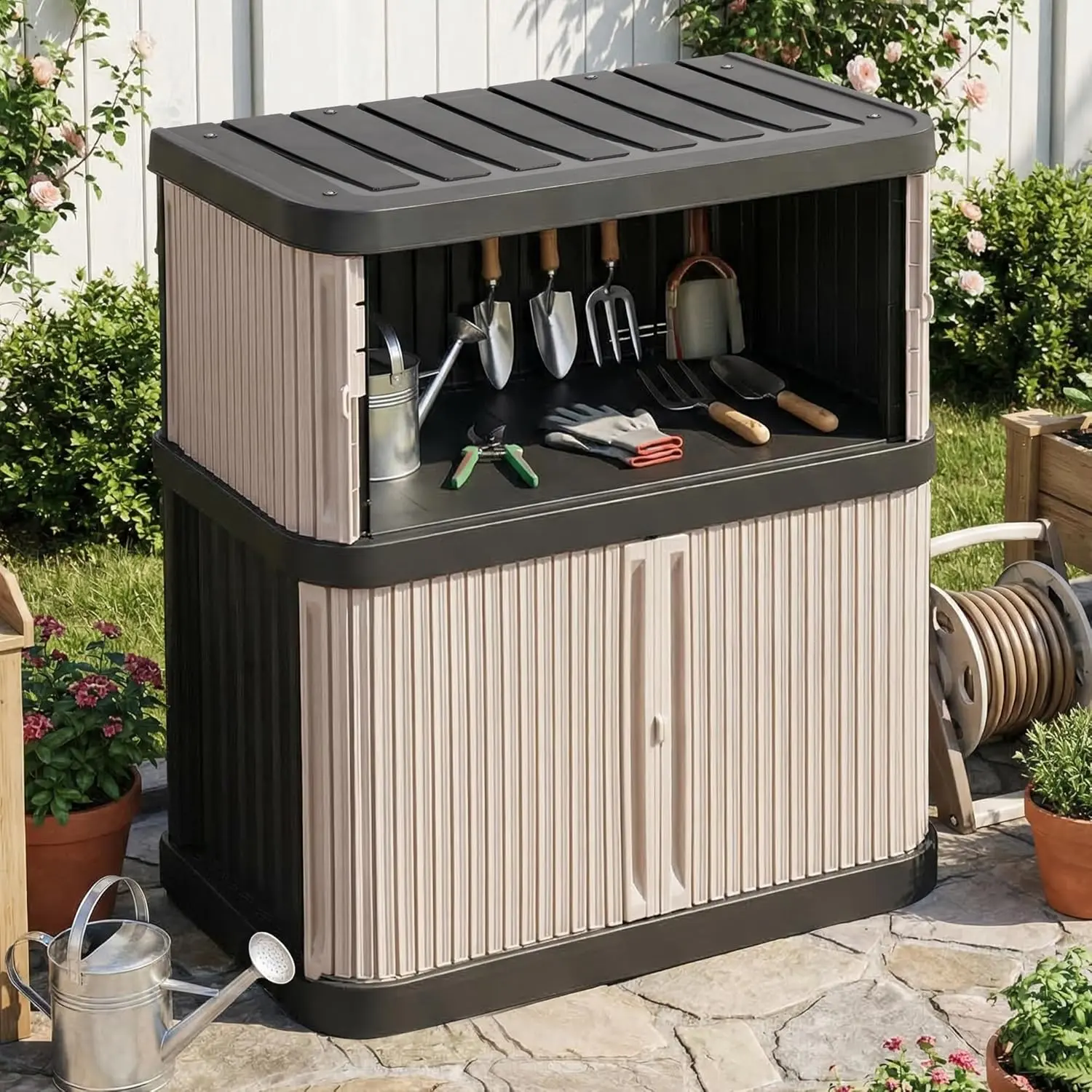 Outdoor Storage Shed & Cabinet, 2-Tier Large Plastic Storage Shed with Floor, Waterproof, Lockable Tool Shed for Outside Storage in Garden, Patio, Backyard campingessentials