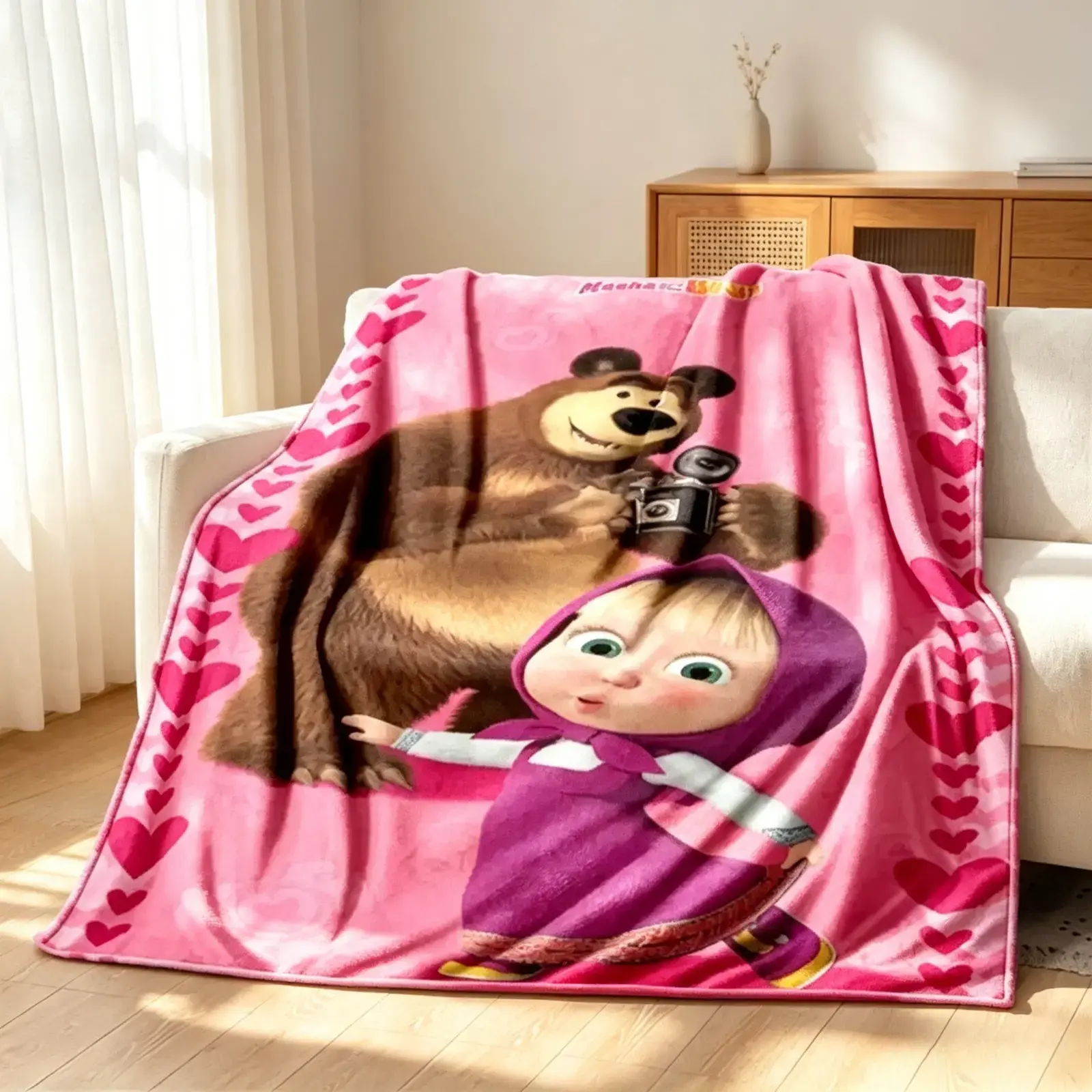 Cute Cartoon Bear Girl Flannel Plush Blanket Kids Soft Snuggly Throw Blanket 3D Printed Single Sided Cozy Nursery Bedding Decor Air Conditioning Blanket Bedroom Gift For Kids Toddlers All Season, Sofa Couch Bed Living Room