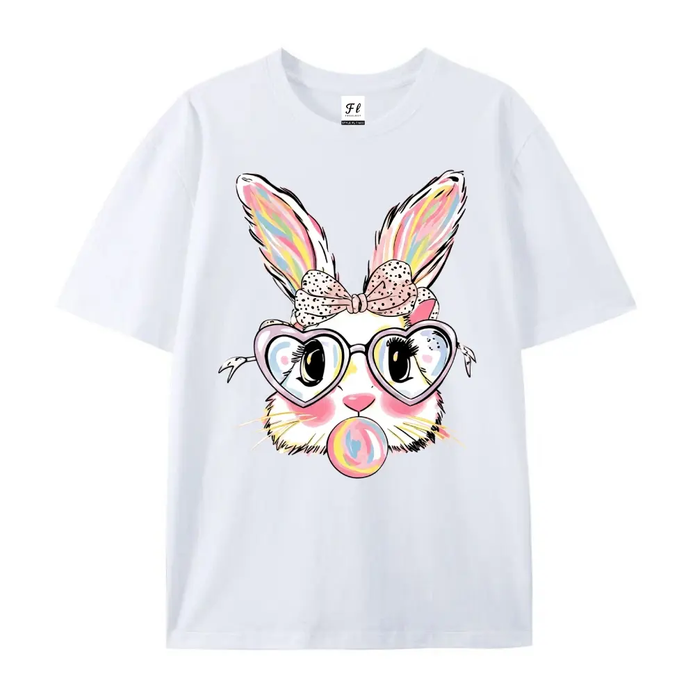 Women's Rainbow Bunny Graphic T-Shirt, Unisex Fit 100% Cotton Crewneck Tee, Casual Vintage Street Style Spring Top