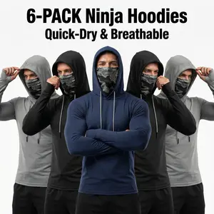 6-piece set men's outdoor work sun protection clothing with sun-blocking hoodie, featuring built-in face mask and neck guard, breathable long-sleeve hoodie