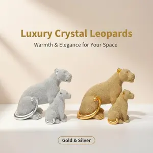 Elegance Crystal Leopard Pair Set, Sparkling Gold Silver Sculpture, Decorative Figurines, Home Decor Enhancement, Exclusive Gift Choice
