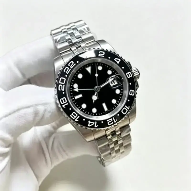 qwMen's Automatic Mechanical Dive Watch with GMT Ceramic Bezel and Stainless Steel Bracelet, Luminous Minimalist Round Dial for Diving, Luxury, Dive Grade, Male, Waterproof, Scratch-Proof Bezel, Automatic Watches, Fashion Analog Watch