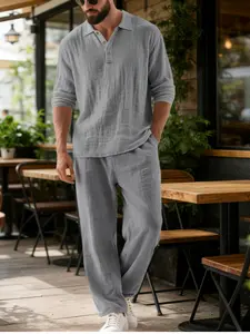 Men's Linen Casual Set, Plain Henry Collar Long Sleeve Top + Pants Two-Piece, Loose Fit Breathable Versatile, All Seasons Wear