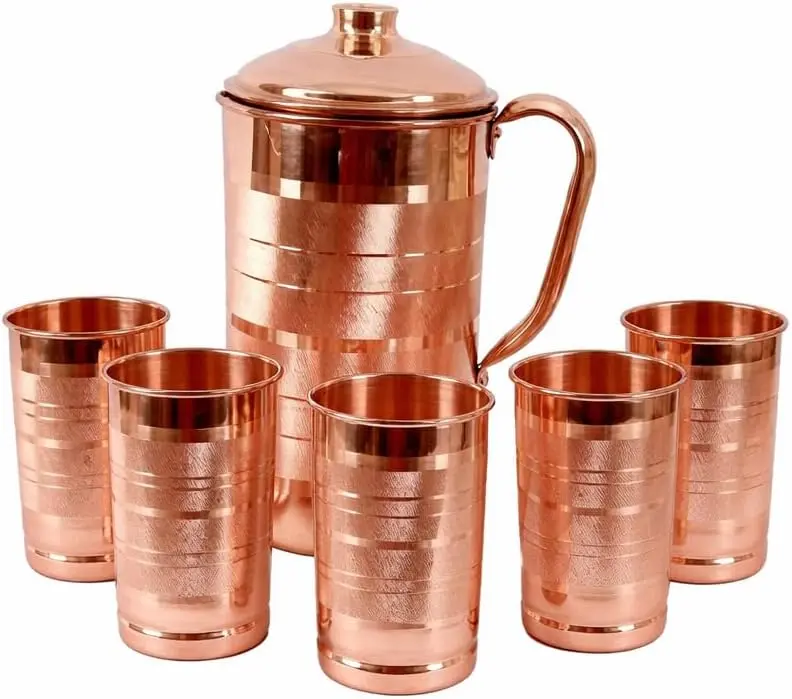 Pure Copper Water Jug Pitcher With Free 5 Tumbler Glasses | Set Of 6 |Set of 5 Glasses for Everybody | Capacity of jug -1500ml and Capacity of each glass -300ml