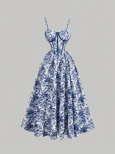 Floral Print Bustier Cami Blue And White Contrast Striped Waist Corset Structure Dress,Vacation Outfits Woman,Country Outfits,Beach Vacation Wear,Summer Dress,Easter Dress Women,Summer Dresses For Women,Tea Party Dress,Spring ,Tea Party Outfit Women, Cott