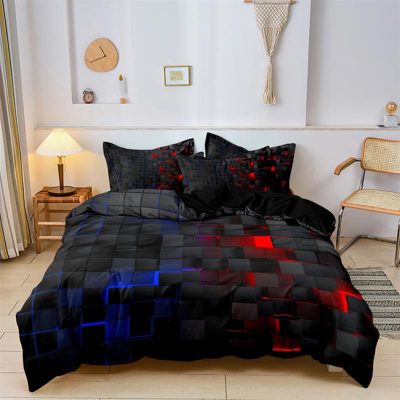 Geometric Print Duvet Cover Set, 3 Counts/set Including 1 Duvet Cover & 2 Pillowcases without Filler, Soft Comfortable Bedding Set For Home Bedroom Hotel Red Blue Grid