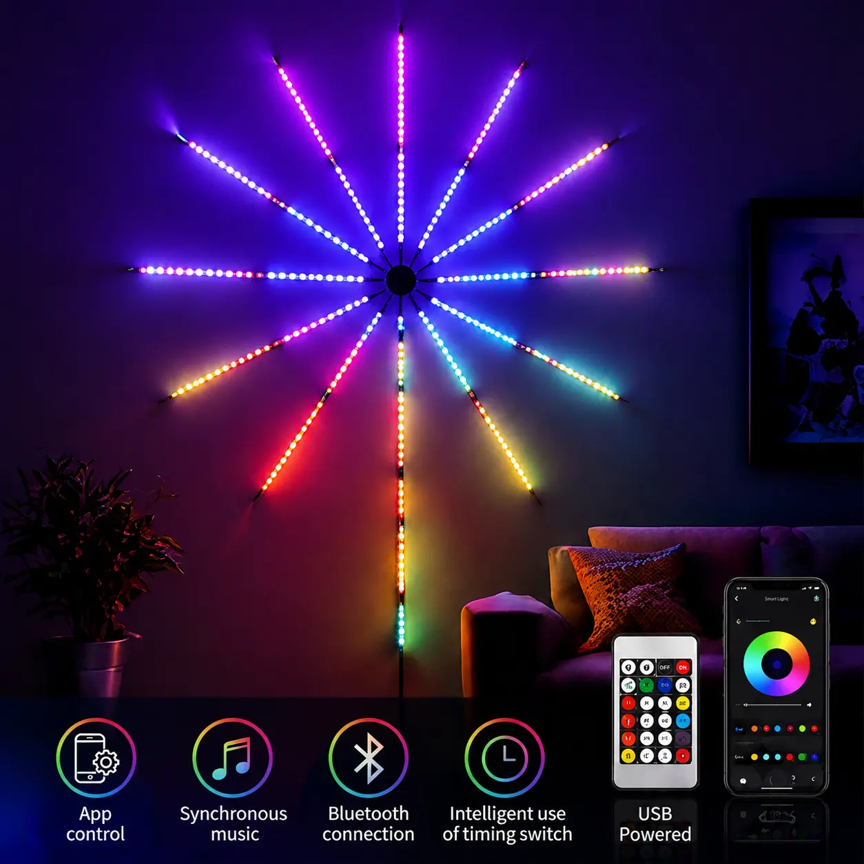 Firework LED String Lights with Bluetooth Music Control, USB Powered Color Changing Fairy Lights, 24-Key Remote Sound Activated Decorative Lights for Bedroom, Party, Christmas & Home Decor
