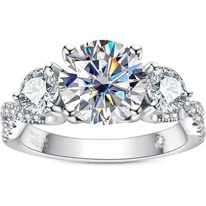 3CT Round Cut Moissanite Three-Stone wedding queen Ring, S925 Sterling Silver, D Color VVS1 Brilliant Engagement, Pavé Band Luxury  Jewelry for Women