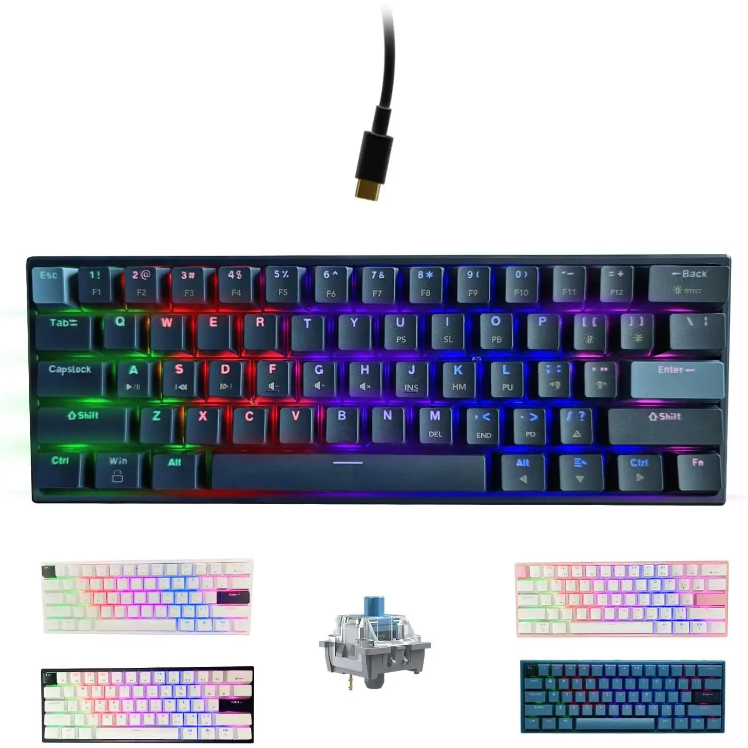 60% Wired Mechanical Gaming Keyboard, Navy Blue 61-Key Compact Keyboard with Blue Switches, PBT Keycaps, Sturdy Metal Frame, LED Lights, Backlit Keys, USB-C Connection, High-Quality Materials for Windows PCs, Office Use, Colorful Backlight Design