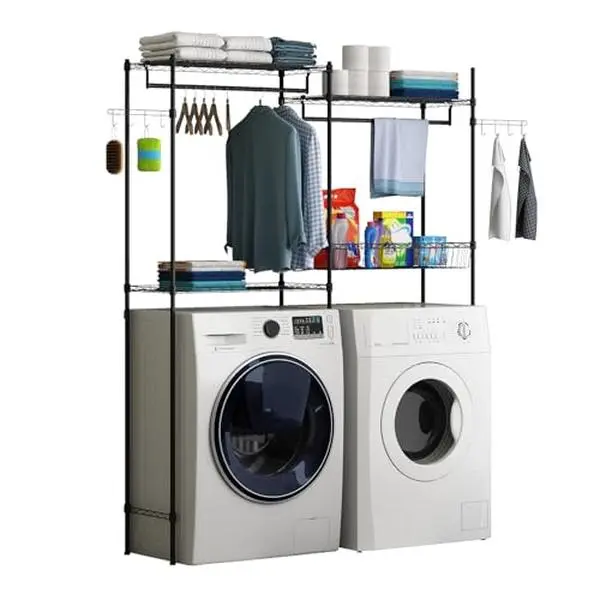 GARVEE 57.4" W Heavy-Duty Over Washer and Dryer Shelf, 2-Tier Adjustable Height Wire Shelving Laundry Room Organizer with Wire Basket, Hanger Rod, Hooks, Accessories