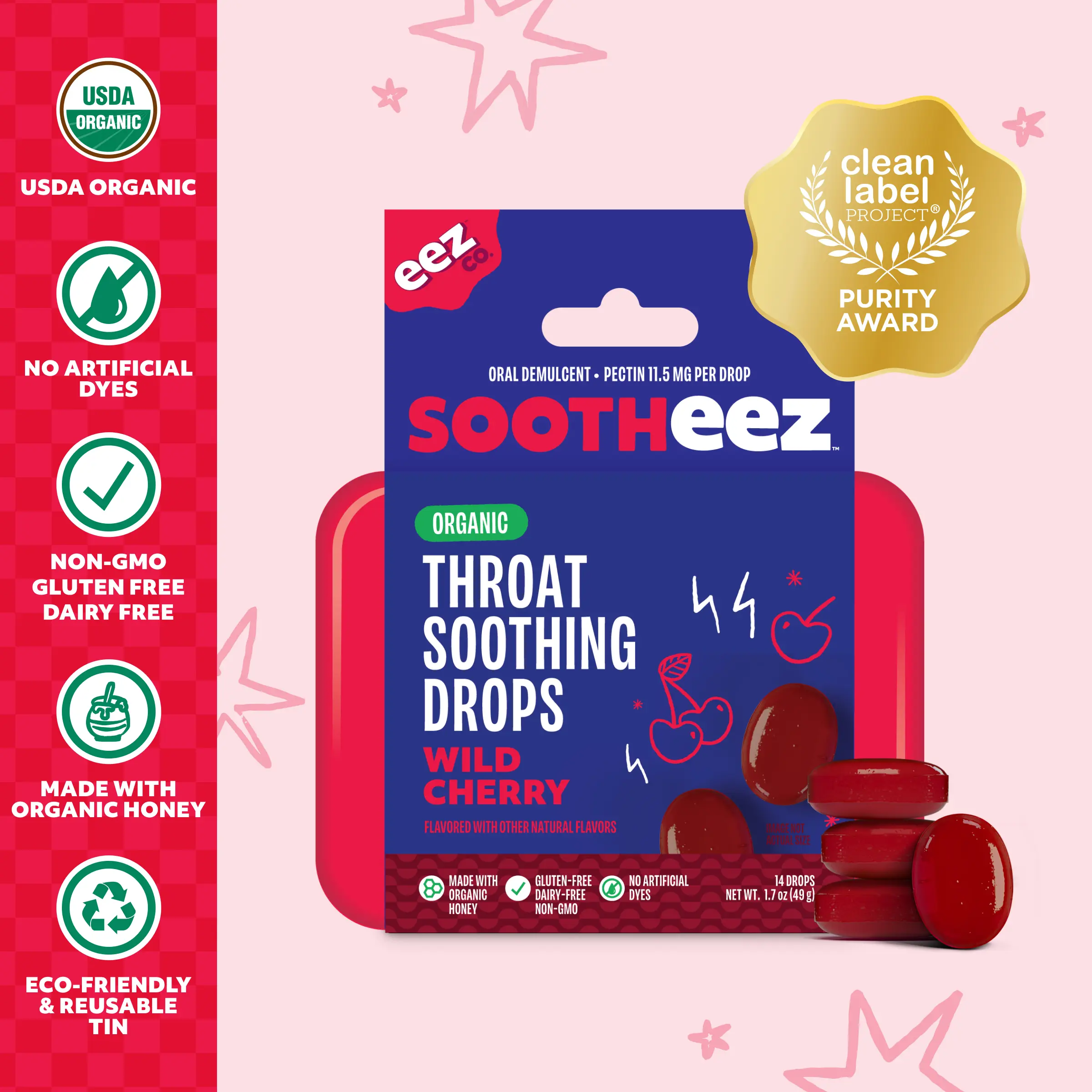 Sootheez by EEZ Co. Organic Throat Soothing Drops, Wild Cherry, For Adults