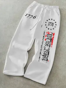 Men's Fall Winter Classic Flag Star Print Casual Pants, Letter Print Sweatpants, Drawstring Straight Leg Long Pants, Outdoor Sports Pants, Fitted Natural Waist, Fitness Training Pant, Athleisure Style Bottoms, Graphic Sweatpants