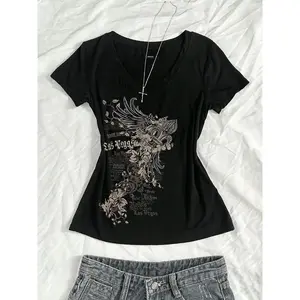TikTok viral Las Vegas pattern V-neck T-shirt — soft, stretchy cotton slim fit aesthetic streetwear floral wing print casual fashion retro avant-garde statement top women’s must-have fashionable cool bold retro clothing GARMENTARY