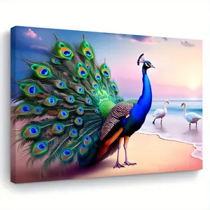 1 Piece Elegant Peacock Painting - Blue Green Orange Gold Feather Canvas Wall Art, with Hook, Ready to Hang, Sunset Beach Scenery Decoration, Suitable for Living Room, Bedroom, Kitchen - Housewarming Wedding Gift (11.8x 15.7inch /30x 40cm ) - Modern Count