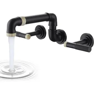 Wall-Mounted Tub Filler Black Gold Bathroom Tub Faucet High Flow with Two Handles Solid Brass, Long Spout Reach, Supported extendable and rotatable