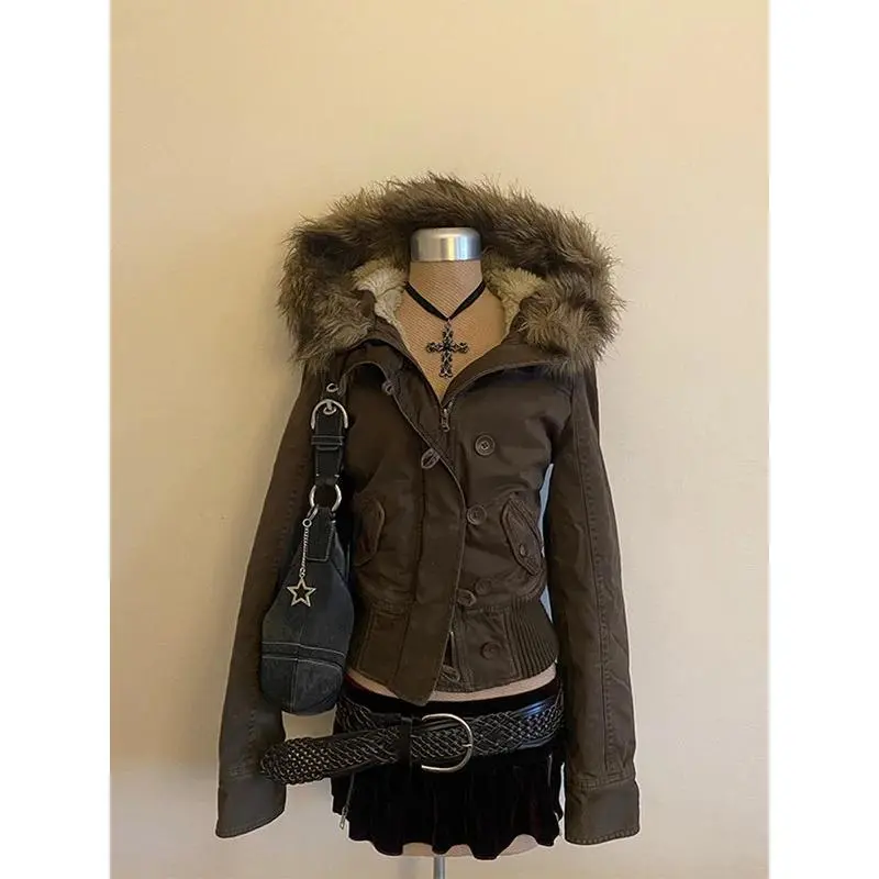 Women's Vintage Soft Brown Fitted Hooded Lady Jacket - Long Sleeve, Warm Fabric Outerwear with Detachable Fur Collar, Slim Fit, Zipper, Buttons, Stay Warm and Stylish for Autumn Winter Casual Chic