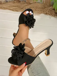 Women's Fashion Open-Toe High Heel Sandals, Comfortable Slip-On Mid-Heel Design, Elegant Daily Wear Shoes, Round Toe Textile Upper, Rubber Footwear, Medium Heel, Summer