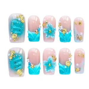 10PCS Short Square Handmade 3D Acrylic Press-On Nails with Ocean-Inspired 3D Flowers & Charms | Reusable Fake Nails | Gradient French Style | Salon Look japanese nail Cute Halloween Glitter Press-On Nails