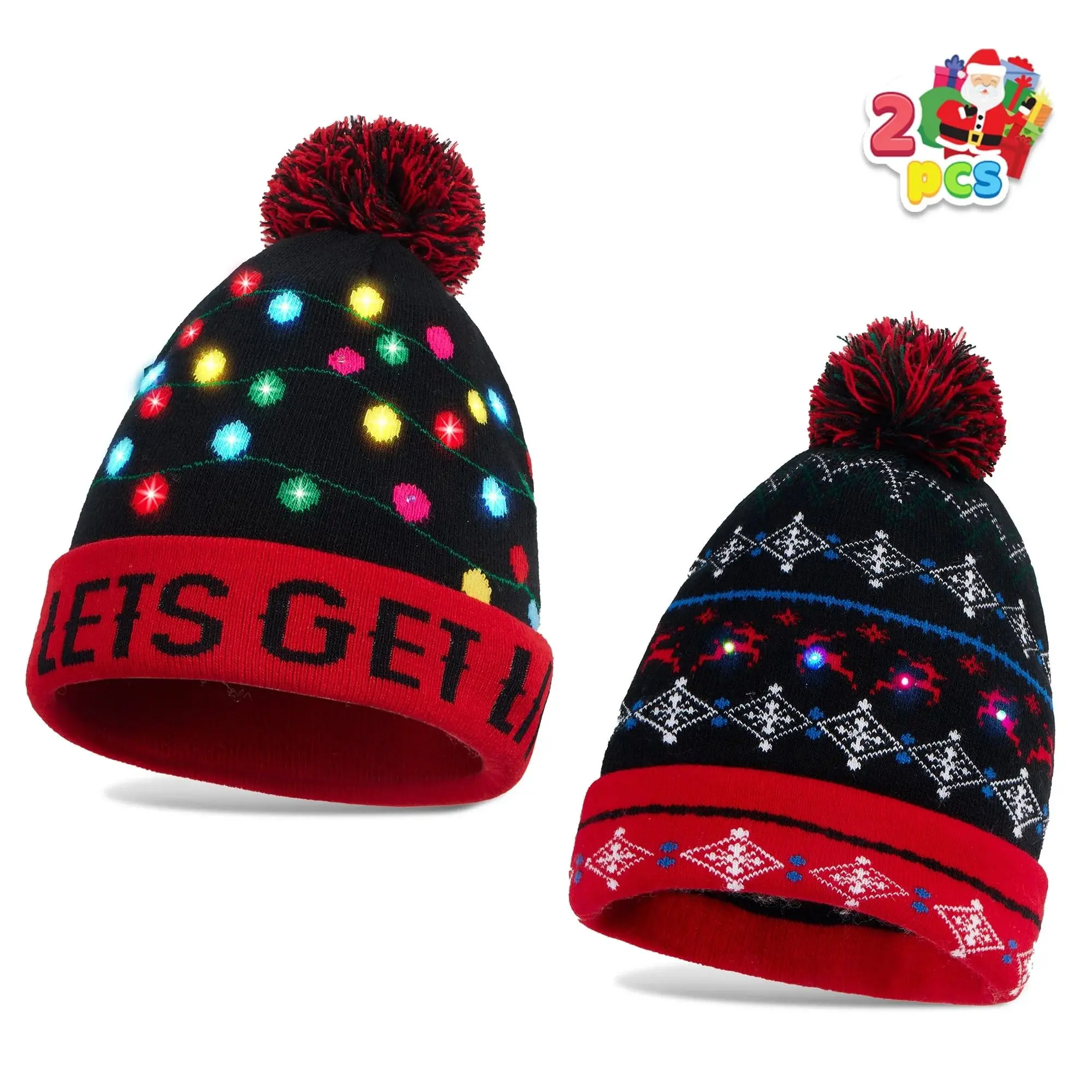 JoyX 2-Pack LED Christmas Beanies – Light-Up Ugly Sweater Holiday Hats for Adults with 3 Flashing Modes – Fun and Festive Winter Gifts