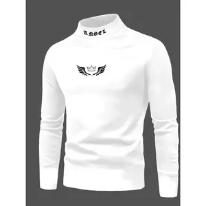 Men's Fall/Winter Angel Wings Letter Print Comfortable Long Sleeve Crew Neck T-Shirt for Outdoors Holidays & Sports 100% Polyester Machine Wash XT7185