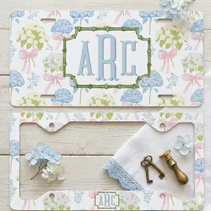 Monogram License Plate and Frame Set Hydrangea Floral Bow Design Personalized Car Tag Custom Initial Auto Accessory Preppy Car Decoration