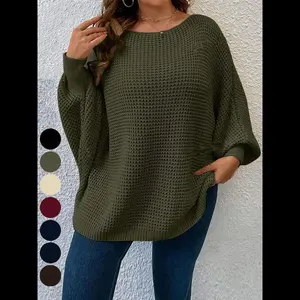 [Plus Size] Solid Batwing Sleeve Boat Neck Sweater, Fall Outfits, Casual Long Sleeve Jumper for Fall, Women's Plus Clothing for Daily Wear, Back To School Outfit