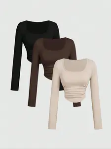 Women's Three-Piece Set Spring Autumn Pure Color Waist Cinching Long Sleeve Casual T-Shirt Tops, Versatile Layering and Outerwear Options, Womenswear, Lady