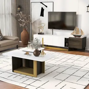 Modern TV Stand & Coffee Table Set of 2 – White & Gold Light Luxury Entertainment Center with Storage Cabinet & Adjustable Shelves for Living Room
