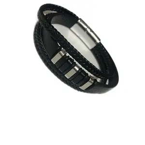 Men’s Black Leather & Stainless Steel Bracelet  Stylish and modern, this men’s bracelet combines genuine black leather with polished stainless-steel accents. The design features a mix of braided and smooth leather bands, giving it a bold layered look. The
