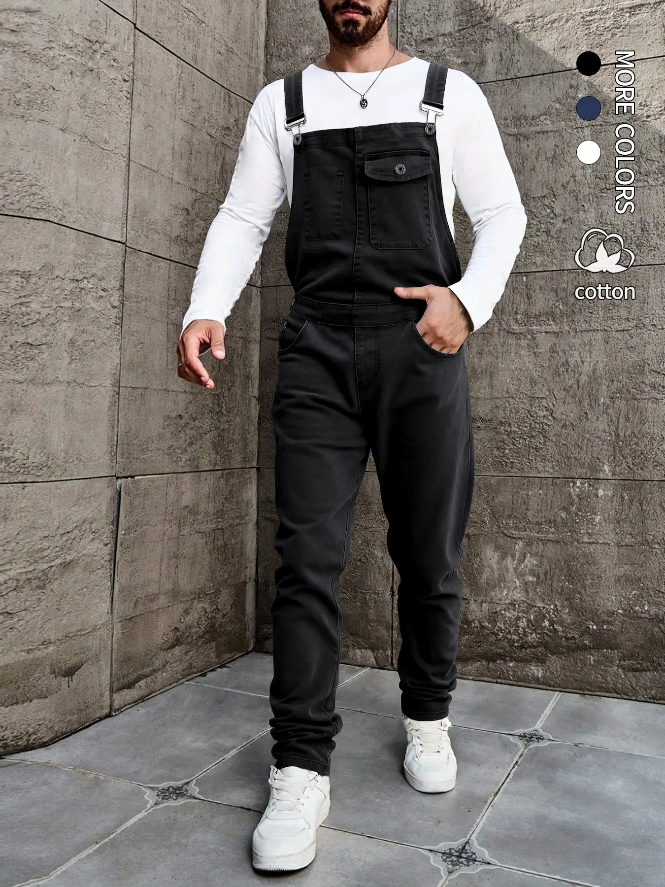 Men's, 1-piece fashionable slim-fitting Plain button jumpsuit, elastic denim fabric, adjustable shoulder straps and pockets, workwear overalls, everyday overalls, Button denim overalls, all-season casual harem jumpsuit, Menswear