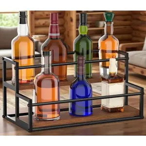 2-Tier Bar Shelf Stand for Wine and Whiskey - Space-Saving Countertop Organizer - Rustic Wooden Liquor Bottle Rack - Sturdy Kitchen Storage Solution - Adjustable Height for Bottles and Glasses cap brown vanilla sugar  jar mini basket sugar  jar