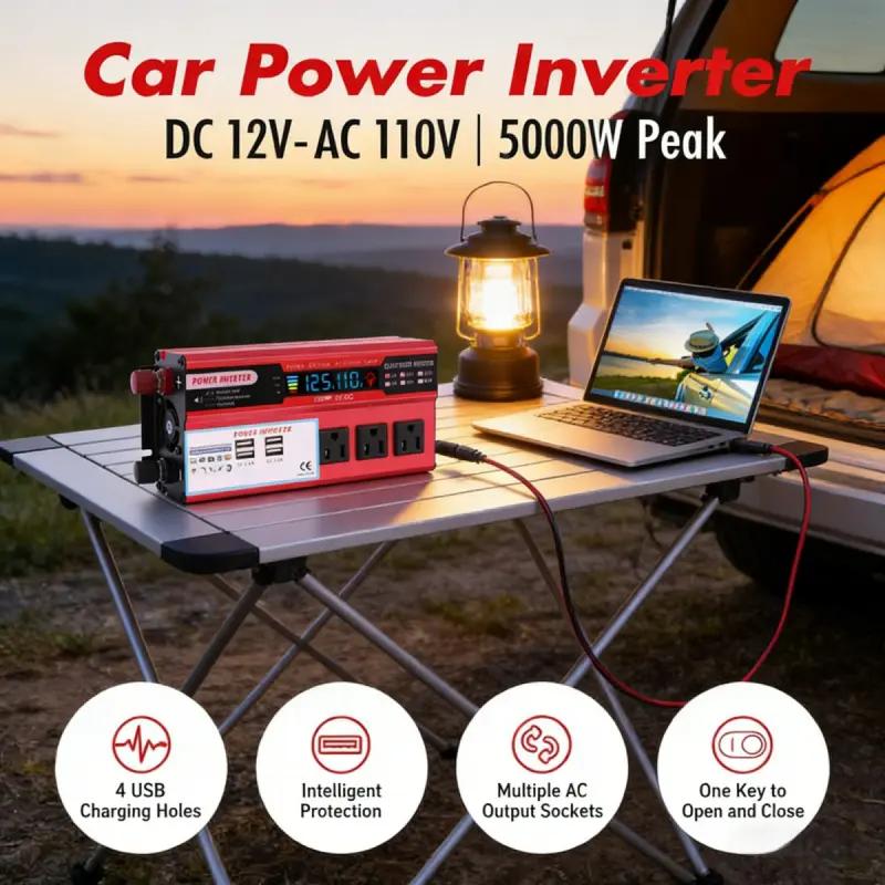 Multi-Function Vehicle Power Inverter DC 12V to 110V AC with 3 AC Sockets 4 USB Charging Ports 5000W Peak Output Compact Car Adapter for Outdoor Travel RV Truck Camping and Daily Emergency Power Supply