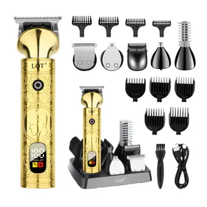 LQT Professional Men's Trimmer, 6-in-1 Cordless Hair Clipper Set with LCD Display, USB Rechargeable T-Blade Edger, Grooming Kit with Charging Base & Guards (for Beard, Nose, Ear Hair)
